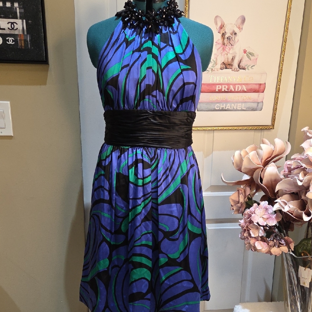 Nwot 12 Maggy London Blue and Purple Halter Midi Dress With Pockets  100& Silk